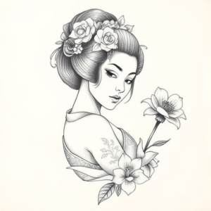 Pencil Dotwork Outline Geisha Tattoo