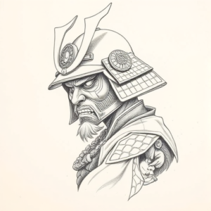 Pencil Dotwork Outline Samurai Tattoo