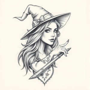 Pencil Dotwork Outline Witch Tattoo