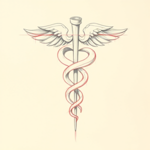 Red Ink Outline Caduceus Tattoo