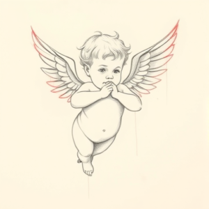 Red Ink Outline Cherub Tattoo