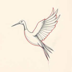 Red Ink Outline Crane Tattoo