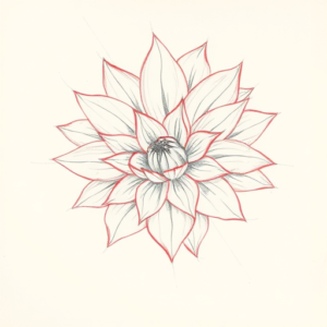 Red Ink Outline Dahlia Tattoo