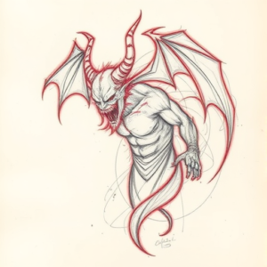 Red Ink Outline Demon Tattoo