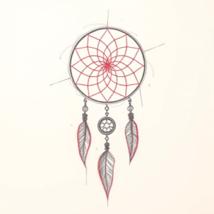 Red Ink Outline Dreamcatcher Tattoo