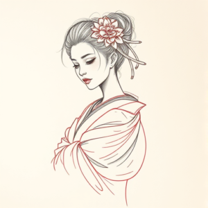 Red Ink Outline Geisha Tattoo