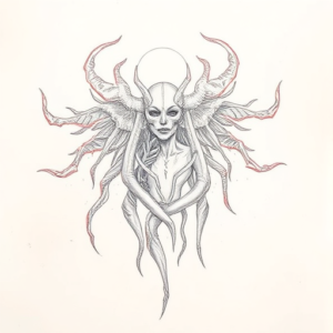 Red Ink Outline Hecate Tattoo