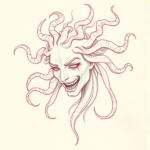 Red Ink Outline Medusa Tattoo
