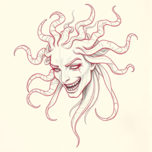 Red Ink Outline Medusa Tattoo