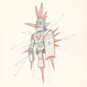 Red Ink Outline Mictlantecuhtli Tattoo