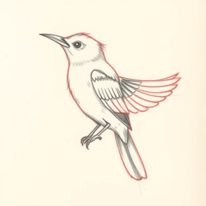 Red Ink Outline Mockingbird Tattoo