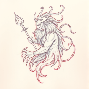 Red Ink Outline Poseidon Tattoo