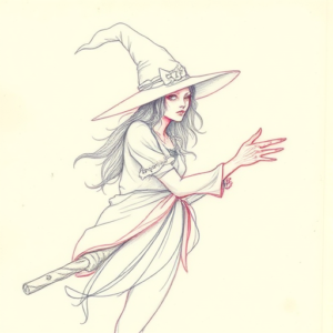 Red Ink Outline Witch Tattoo