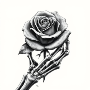 Rose clutched in a skeletal hand.
