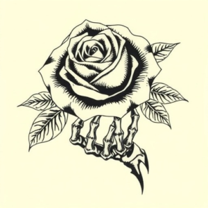 Rose clutched in a skeletal hand.