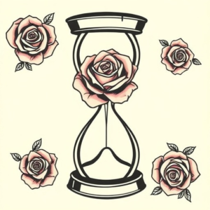 Rose enclosed inside an hourglass, sand flowing around it.