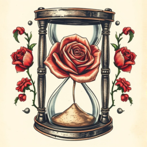 Rose enclosed inside an hourglass, sand flowing around it.