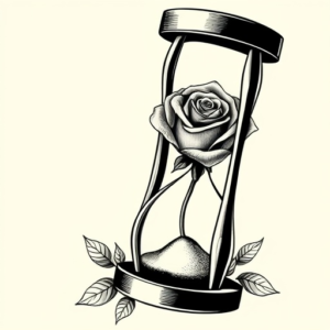 Rose enclosed inside an hourglass, sand flowing around it.