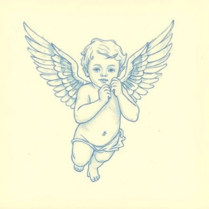 Rough Blue Pencil Sketch Cherub Tattoo