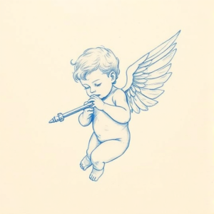 Rough Blue Pencil Sketch Cupid Tattoo