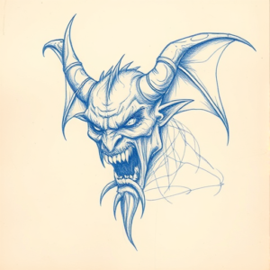 Rough Blue Pencil Sketch Demon Tattoo