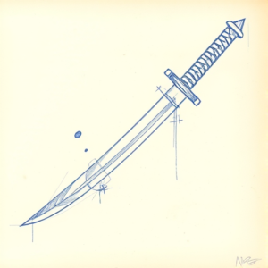 Rough Blue Pencil Sketch Katana Tattoo