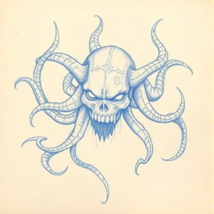Rough Blue Pencil Sketch Medusa Tattoo