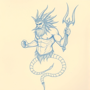 Rough Blue Pencil Sketch Poseidon Tattoo