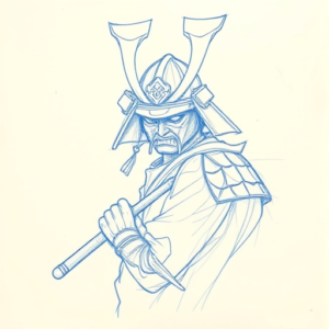 Rough Blue Pencil Sketch Samurai Tattoo