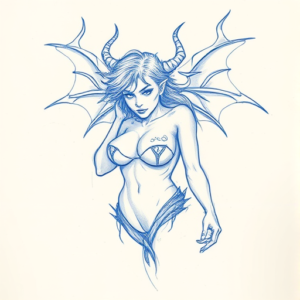 Rough Blue Pencil Sketch Succubus Tattoo