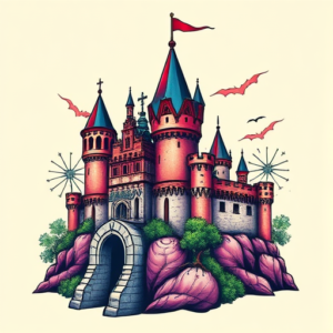 Vibrant Color Castle Tattoo