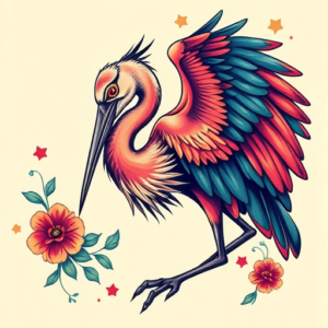 Vibrant Color Heron Tattoo