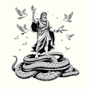 zeus standing on top or a large snakes, multiple doves in the background above zeus along with sunshine