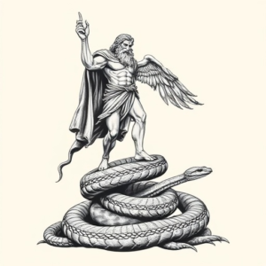 zeus standing on top or a large snakes, daves in the background above zeus.